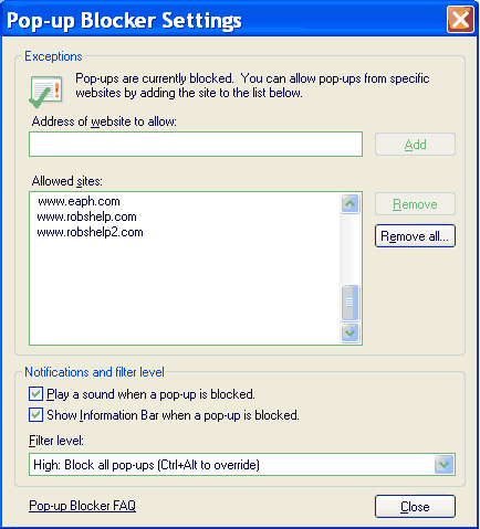 Internet Explorer pop-up blocker settings screen shot
